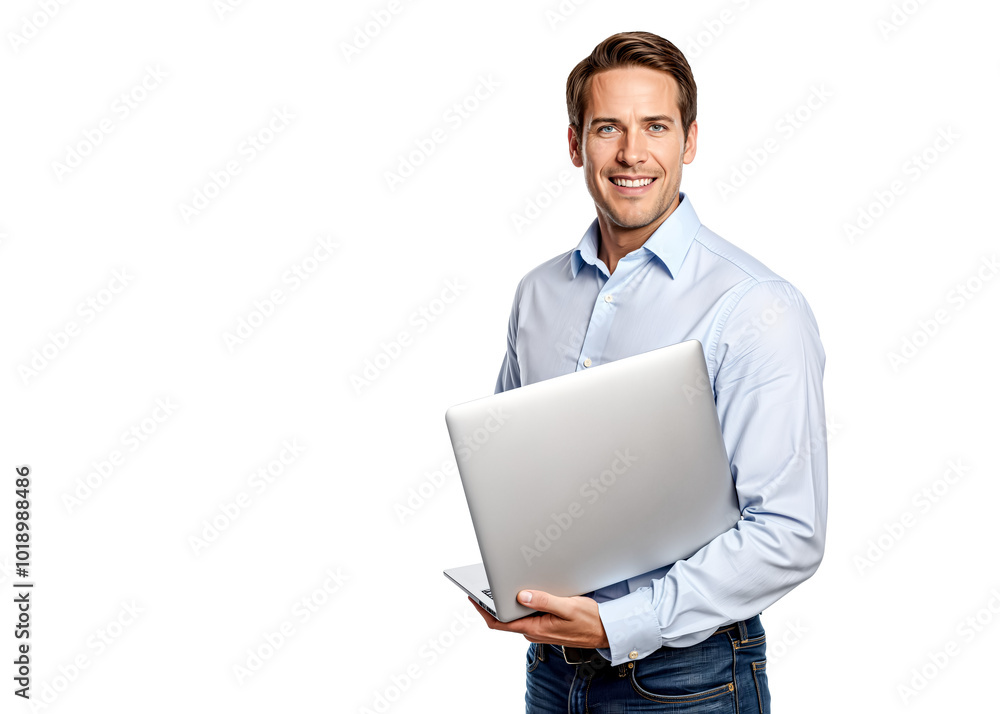 Friendly Young Male IT Specialist in Casual Shirt and Jeans Holds a Laptop. Isolated on Transparent Background. PNG Friendly Young Male IT Specialist in Casual Shirt and Jeans Holds a Laptop. Isolated on Transparent Background. PNG