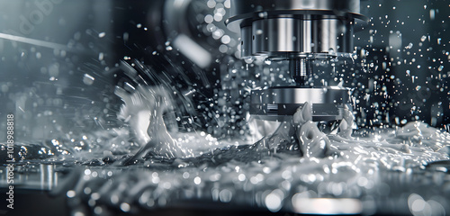 High-tech cnc machining process with coolant spray, precision metal cutting, industrial manufacturing, close-up, engineering technology
