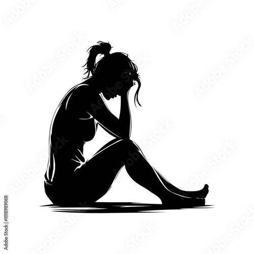 Silhouette of a sad woman sitting with her head in hands on white background. Concept of stress and frustration, depression