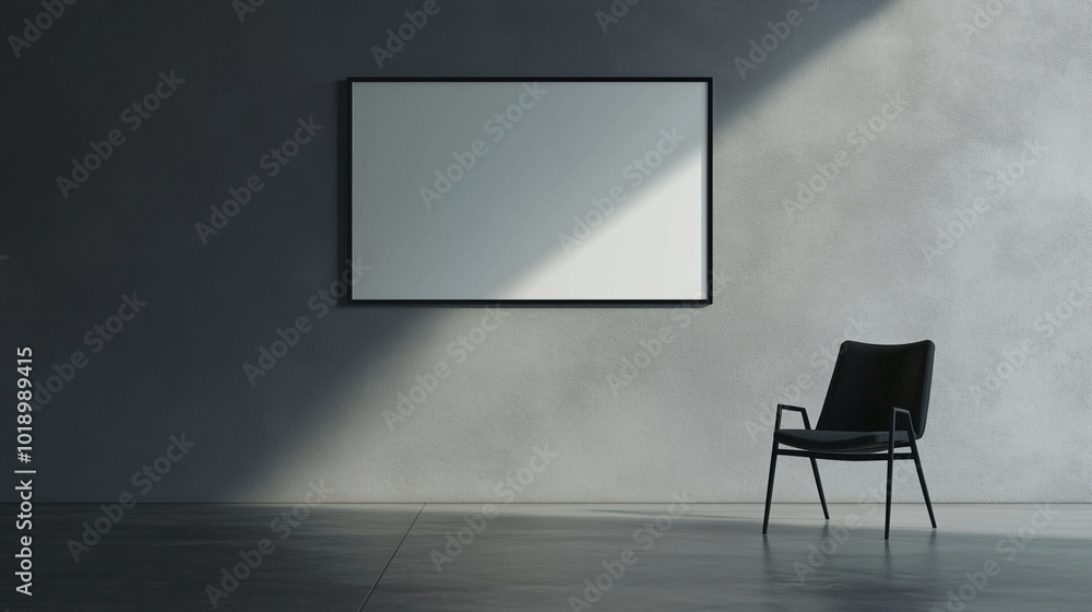 High-Resolution Digital Screen on Concrete Wall with Modern Lounge Chair in Minimalist Setting High-Resolution Digital Screen on Concrete Wall with Modern Lounge Chair in Minimalist Setting