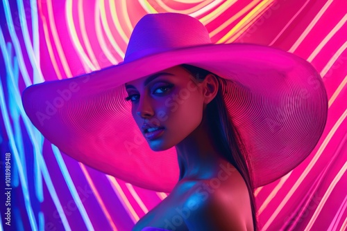 Fashionable Woman in Artistic Neon Setting: A young woman dons a large, stylish hat, posing against a backdrop vibrant neon lights in an artistic studio setting, s photo