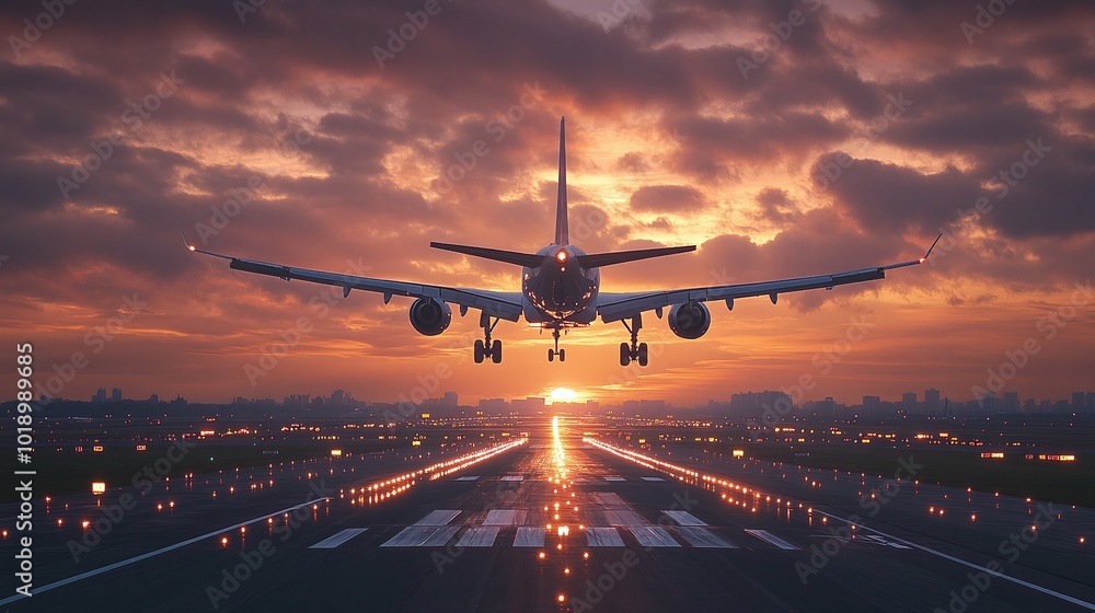 airplane taking off at sunrise or sunset from the runway, landing gear down, viewed from behind as the jetliner prepares for its flight, capturing the moment of departure airplane taking off at sunrise or sunset from the runway, landing gear down, viewed from behind as the jetliner prepares for its flight, capturing the moment of departure