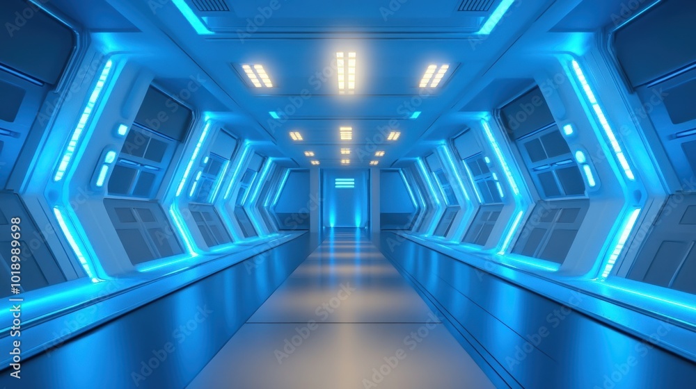 Futuristic blue neon-lit hallway in spaceship or science fiction building interior. Futuristic blue neon-lit hallway in spaceship or science fiction building interior.