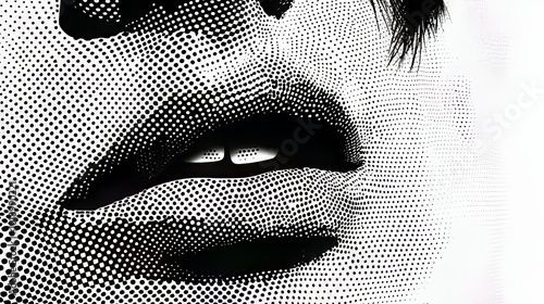 Halftone pop art style of facial features like mouth, eyes, and ears. -