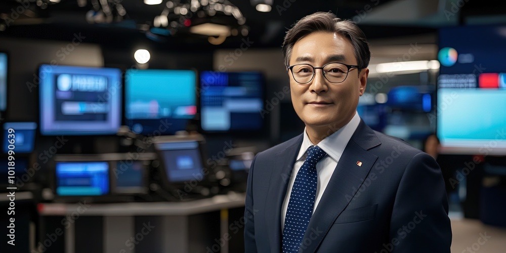 News broadcast with on-air anchor on set - traditional television news station concept News broadcast with on-air anchor on set - traditional television news station concept