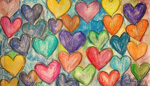 Playful array crayon-drawn hearts in various colors and sizes, whimsical.