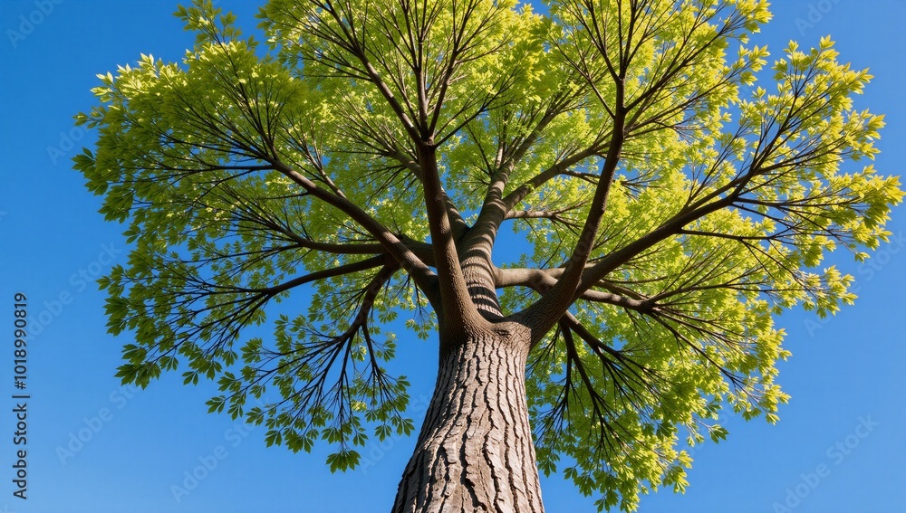 Vibrant depiction of a towering tree with expansive root system and ...