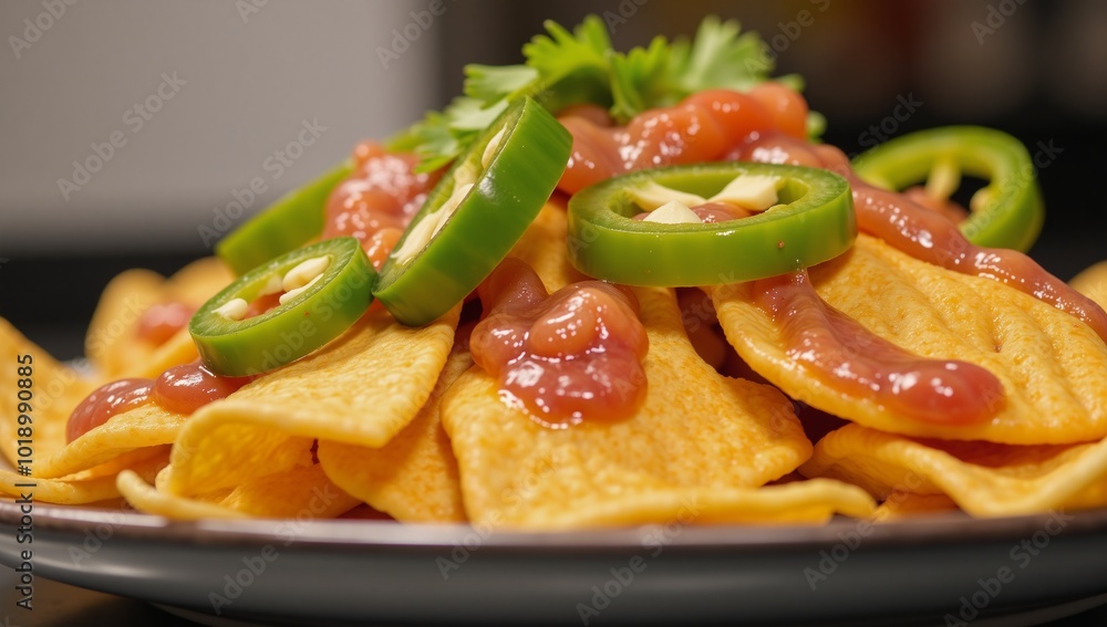 Vibrant party-friendly nacho platter featuring jalapenos cheese and salsa Vibrant party-friendly nacho platter featuring jalapenos cheese and salsa