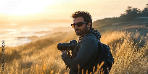 photographer holding DSLR camera taking photo photo