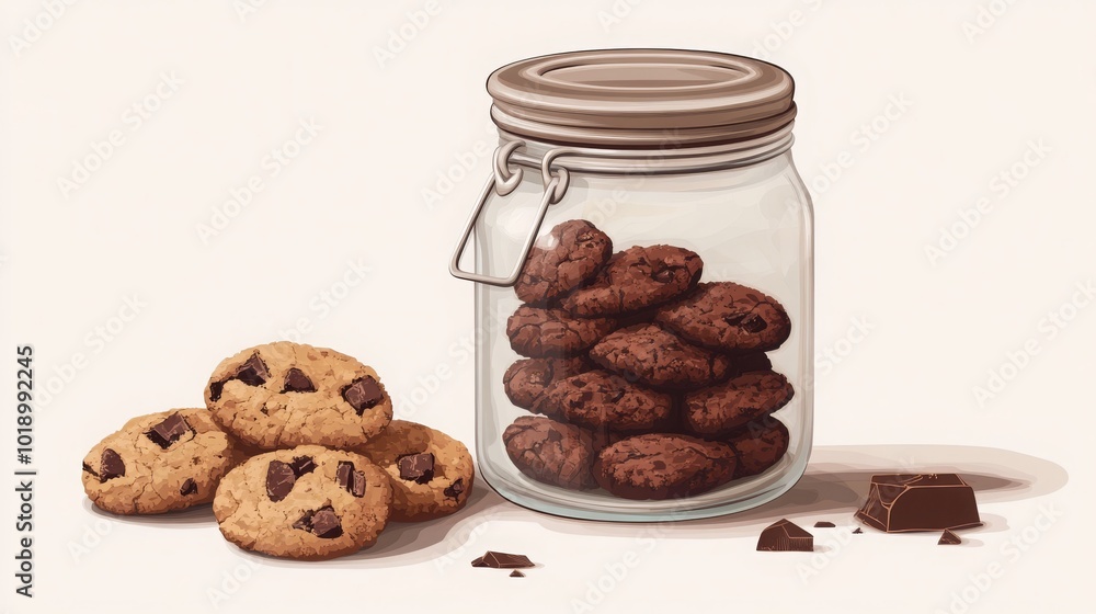 Vector illustration of a glass jar filled with chocolate digestives and cookies. -- Vector illustration of a glass jar filled with chocolate digestives and cookies. --