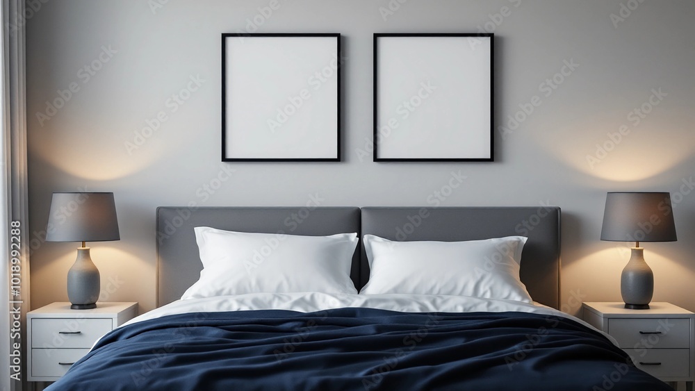 Modern minimalist bedroom with navy blue comforter and white pillows
Modern minimalist bedroom with navy blue comforter and white pillows