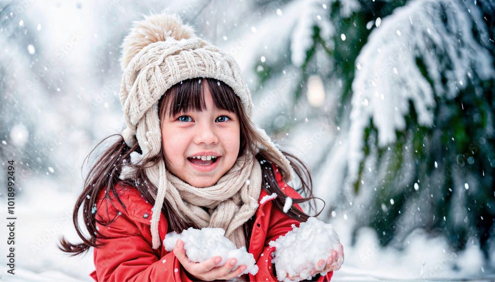 A little latin child wearing a beanie and coat playing with snow snowy winter day white christmas season A little latin child wearing a beanie and coat playing with snow snowy winter day white christmas season