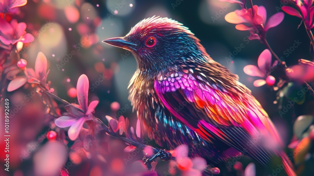 A vibrantly colored bird perched on a branch with pink blossoms, bathed in a soft, golden light. A vibrantly colored bird perched on a branch with pink blossoms, bathed in a soft, golden light.