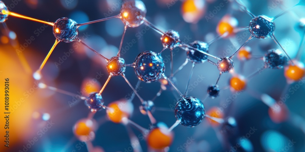 Abstract 3D rendering of a molecular structure with blue and orange spheres connected by thin lines. Abstract 3D rendering of a molecular structure with blue and orange spheres connected by thin lines.