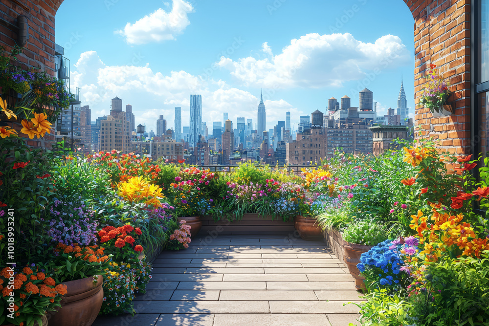 Fototapeta premium A rooftop garden in a city, providing a green oasis in an urban area. Concept of urban planning.