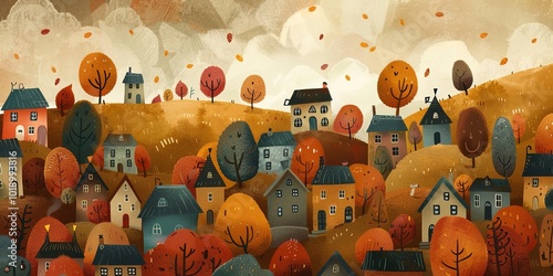 watercolor painting of the autumn, fall city