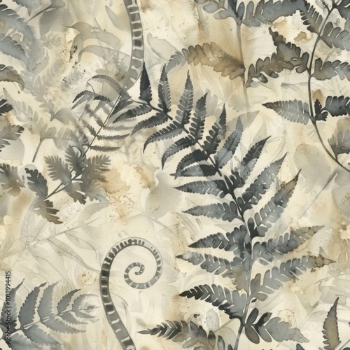 Watercolor wallpaper with fossil fern patterns, vintage style. photo