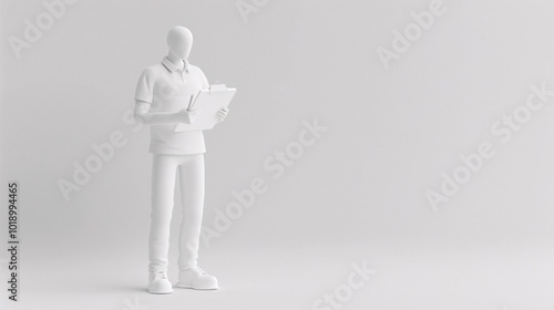 White 3D Figure with Clipboard: A Minimalist Representation