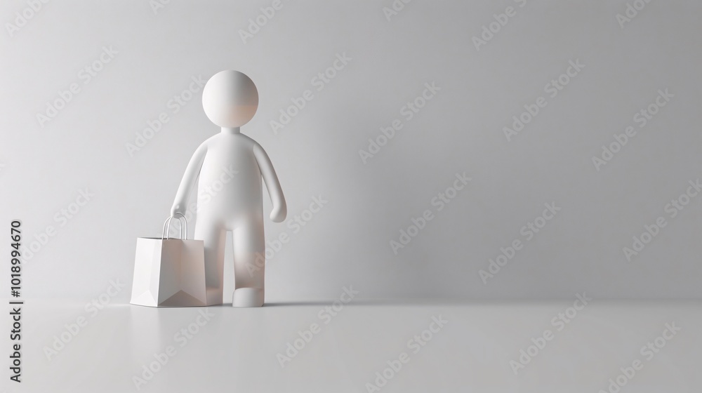 Minimalist Shopping: White Figure with Shopping Bag Minimalist Shopping: White Figure with Shopping Bag