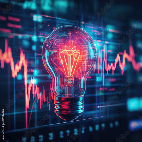 Strategy business planning ideas for competition and business growth. futuristic graphic icon of glowing light bulb with trading graph chart background. 