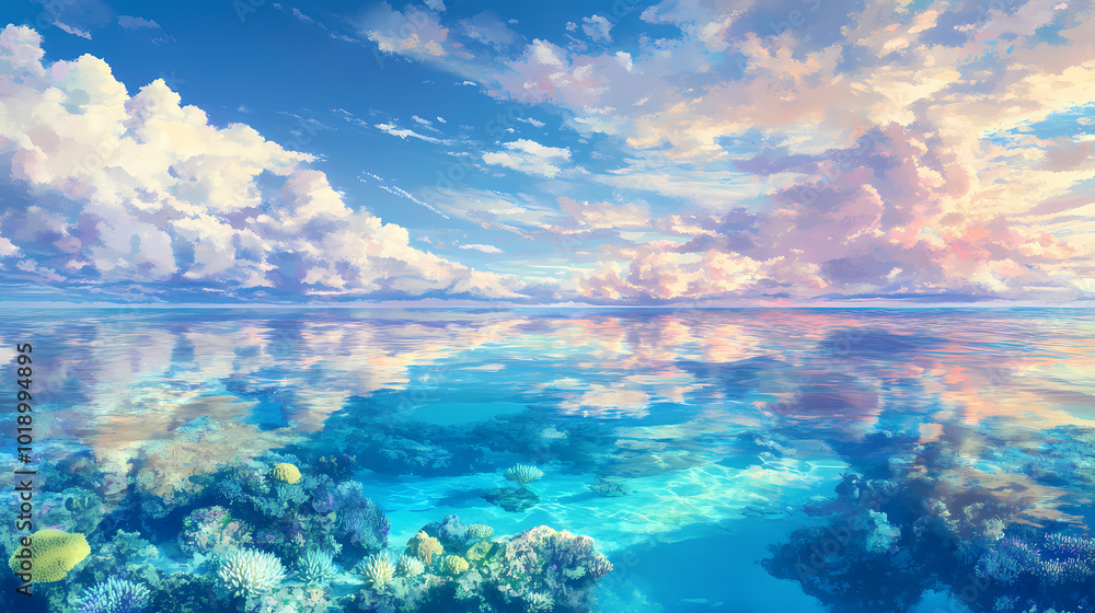 Naklejka premium Breathtaking aerial view of a tranquil coral reef lagoon with crystal clear azure waters reflecting the vibrant cloud filled sky above this serene. Coral Reef Lagoon. Illustration