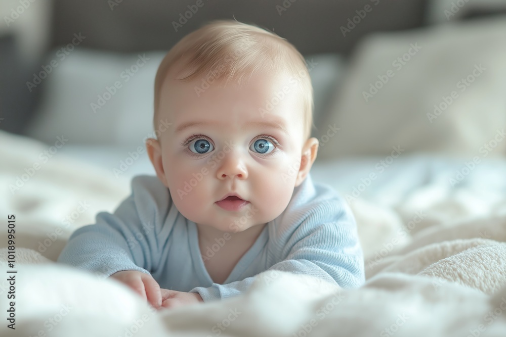 A baby with blue eyes in a cozy setting, gazing softly into the camera, evoking innocence and warmth. A baby with blue eyes in a cozy setting, gazing softly into the camera, evoking innocence and warmth.