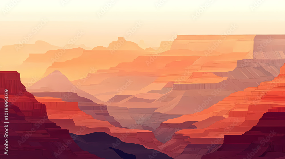 Naklejka premium Breathtaking panorama of the grand canyon at sunrise revealing layers of geological history. Canyon at Sunrise. Illustration