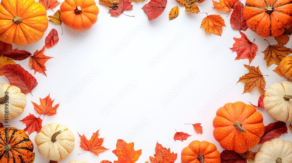 Pumpkins and autumn leaves come together to create a beautiful frame on a crisp white background. An inviting and vibrant design, ideal for celebrating the season. Pumpkins and autumn leaves come together to create a beautiful frame on a crisp white background. An inviting and vibrant design, ideal for celebrating the season.