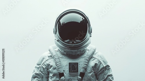 Portrait a futuristic astronaut clad in a sleek space suit, posed against a stark white background, evoking a sense advanced space exploration photo