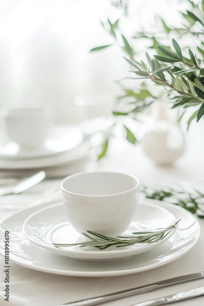 A sophisticated table setting with white dishes and greenery, creating an elegant atmosphere. A sophisticated table setting with white dishes and greenery, creating an elegant atmosphere.