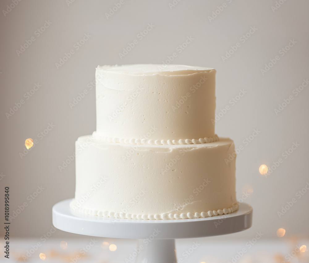 Elegant White Wedding Cake with Festive Bokeh Light, two tier event cake, white frosting for mockup Elegant White Wedding Cake with Festive Bokeh Light, two tier event cake, white frosting for mockup