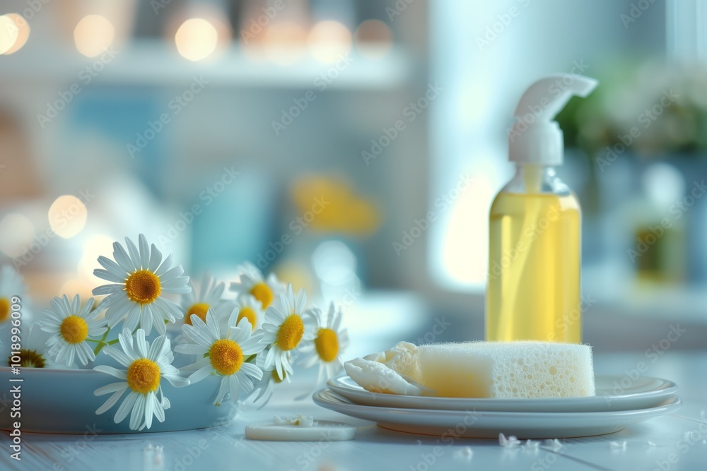 Fresh Bathroom Setup with Blue Cleaning Bottles, Chamomile Flowers, and Towels Fresh Bathroom Setup with Blue Cleaning Bottles, Chamomile Flowers, and Towels