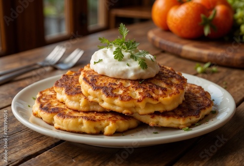 Delicious latkes served on a rustic wooden table, cozy food photography in warm afternoon light