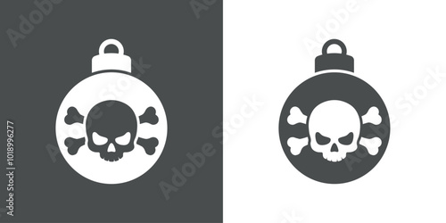 Tiempo de Navidad. Símbolo pirata. Logo con silueta de bola de navidad con calavera humana con huesos cruzados