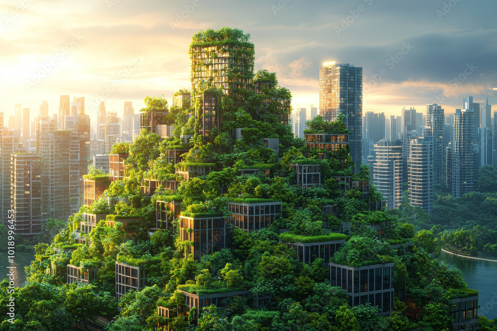 Obraz premium A city skyline covered in green rooftops to promote cleaner air. Concept of urban design.