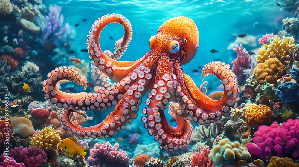 Obraz premium Colorful octopus swimming among vibrant coral reef in the ocean. Coral Reef Lagoon. Illustration