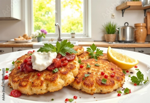 Artistic representation of latkes served in a bright kitchen environment with inviting sunlight streaming in photo