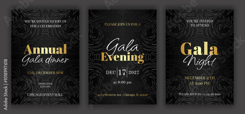 Luxury black annual gala dinner, night, evening invitation template set with golden text. Baroque style retro ornate pattern background. EPS 10 vector illustration.