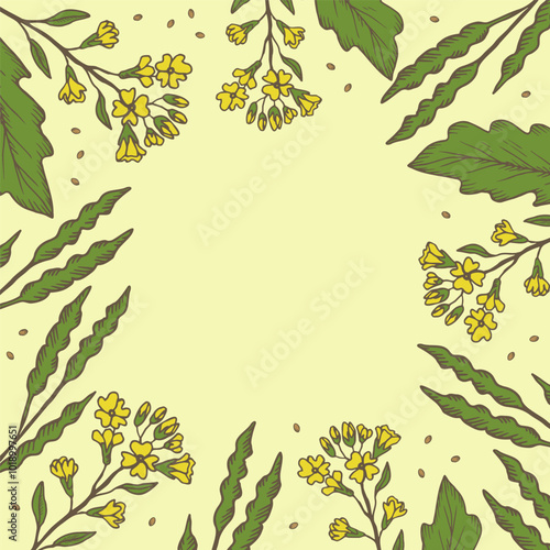 Vector Card with Mustard plants and seed for text. Hand drawn engraved banner with mustard flowers, branches, seeds, leaves. Food ingredient, oil, organic nutrition. Design template for paper, label
