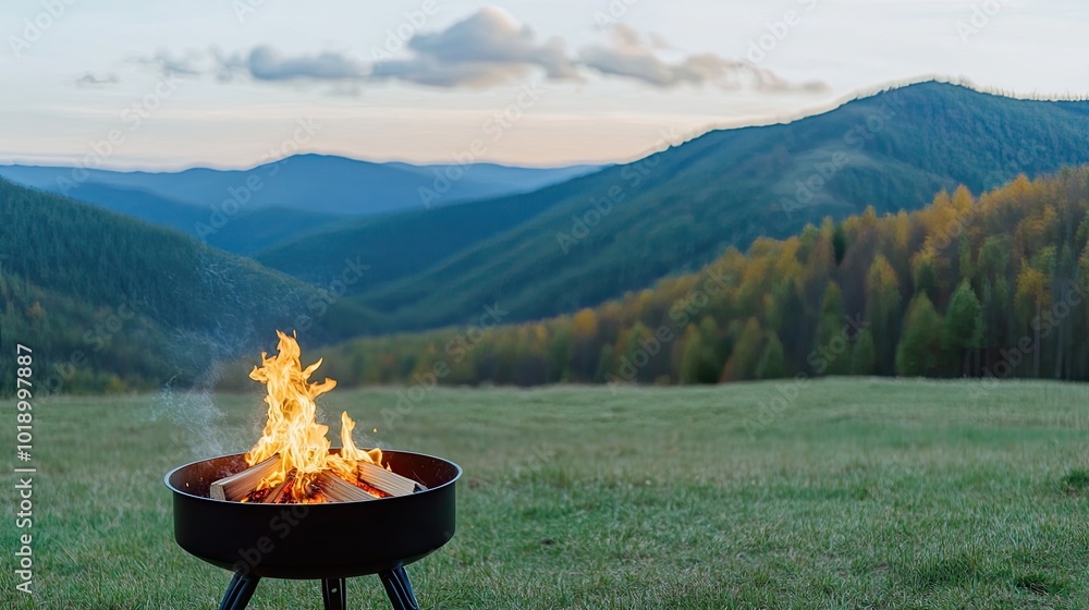 An adventurous camp cooking pot simmers over an open flame, surrounded by vibrant autumn foliage and majestic mountains under a clear blue sky An adventurous camp cooking pot simmers over an open flame, surrounded by vibrant autumn foliage and majestic mountains under a clear blue sky