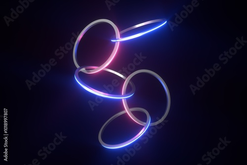 3d rings forming a connection or chain illuminated by neon light.