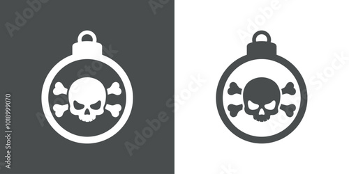 Tiempo de Navidad. Símbolo pirata. Logo con silueta de bola de navidad con calavera humana con huesos cruzados