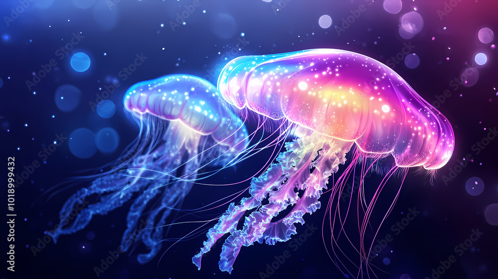 Glowing jellyfish underwater on dark ocean background. Glowing Bioluminescence. Illustration Glowing jellyfish underwater on dark ocean background. Glowing Bioluminescence. Illustration