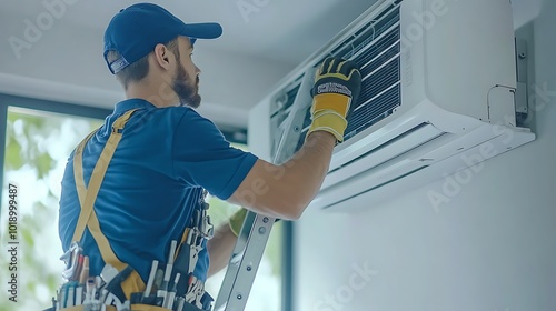 Repairman Climbing Ladder: A detailed shot of a repairman wearing protective gloves and a cap, climbing a ladder with a tool belt around his waist.