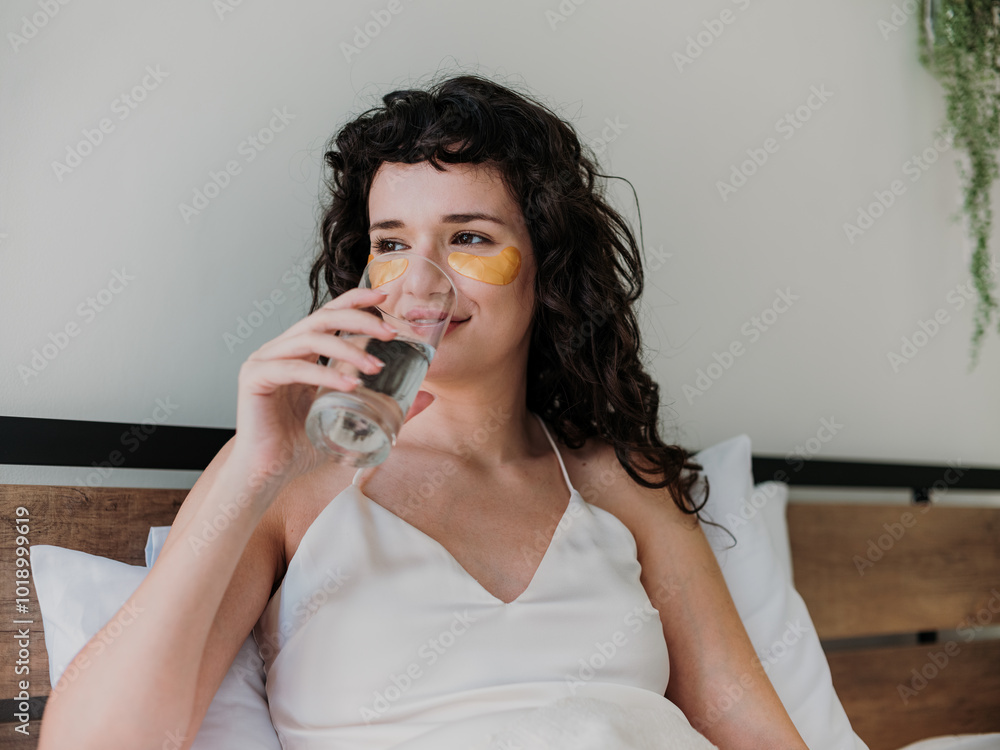 Curly Haired Woman Relaxing At Home With Eye Patches Curly Haired Woman Relaxing At Home With Eye Patches