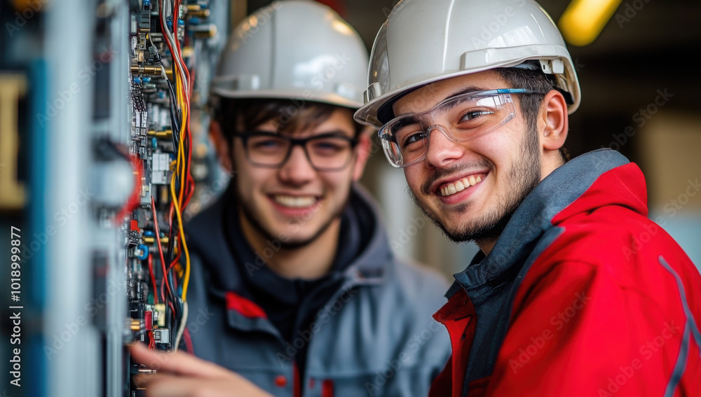 Obraz premium Young electrician students smiling while doing work practices, concept of vocational training. 