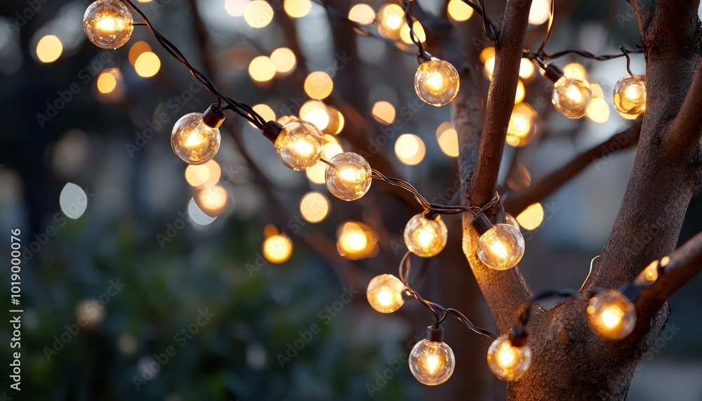String lights with illuminated bulbs on a tree, creating a warm and festive outdoor atmosphere. String lights with illuminated bulbs on a tree, creating a warm and festive outdoor atmosphere.