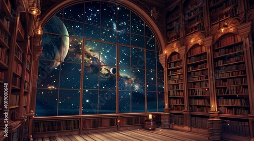 Cozy library room with a large window showcasing a breathtaking galaxy landscape, blending knowledge and cosmic wonder.
 Seamless looping 4k time-lapse virtual video animation Generated AI