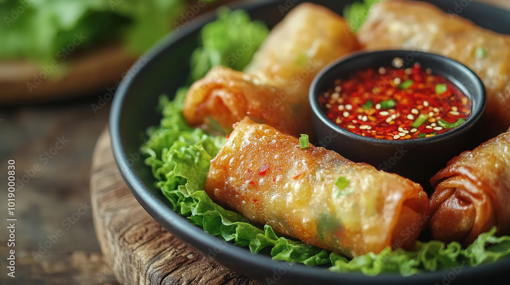Crispy spring rolls elegantly plated on a bed of fresh lettuce, showcasing a vibrant presentation that symbolizes culinary creativity and the joy of sharing delicious food Crispy spring rolls elegantly plated on a bed of fresh lettuce, showcasing a vibrant presentation that symbolizes culinary creativity and the joy of sharing delicious food