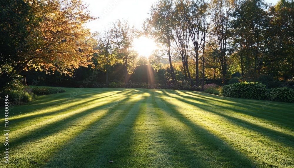 Fototapeta premium Sunny landscape showing a freshly mowed lawn with tree shadows stretching across it.